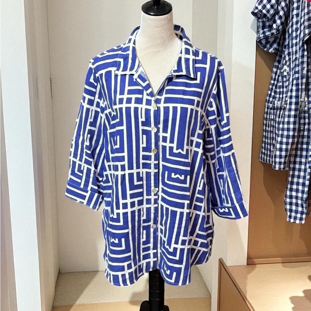 John Mark Blue and White Linen Blouse